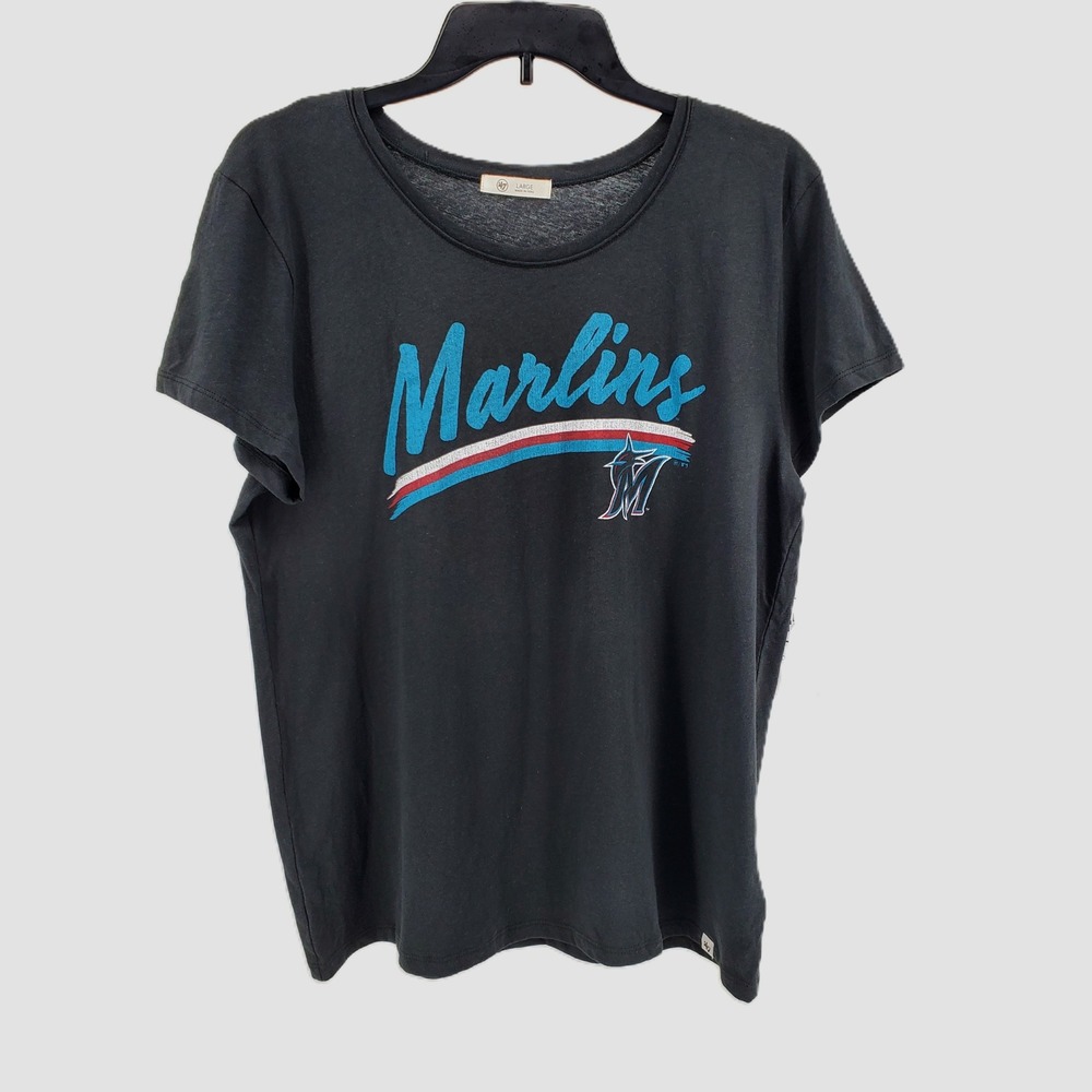 47 Brand Miami Marlins MLB Womens Large Black Graphic‎ Scoop Neck T-Shirt New